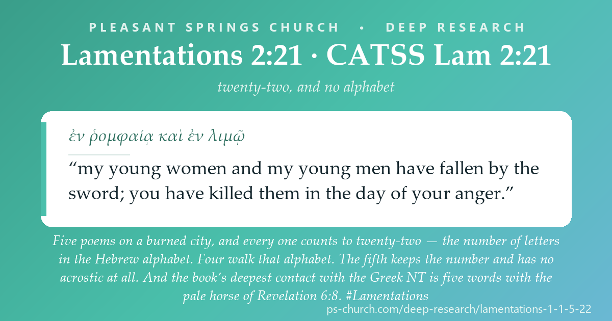 Share card &mdash; Five poems on a burned city, and every one counts to twenty-two — the number of letters in the Hebrew alphabet. Four walk that alphabet. The fifth keeps the number and has no acrostic at all. #Lamentations