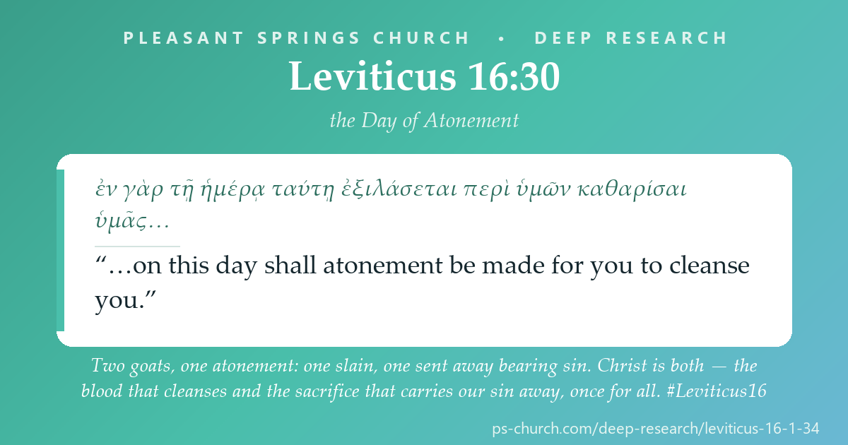 Share card &mdash; Two goats, one atonement: one slain, one sent away bearing sin. Christ is both — the blood that cleanses and the sacrifice that carries our sin away, once for all. #Leviticus16