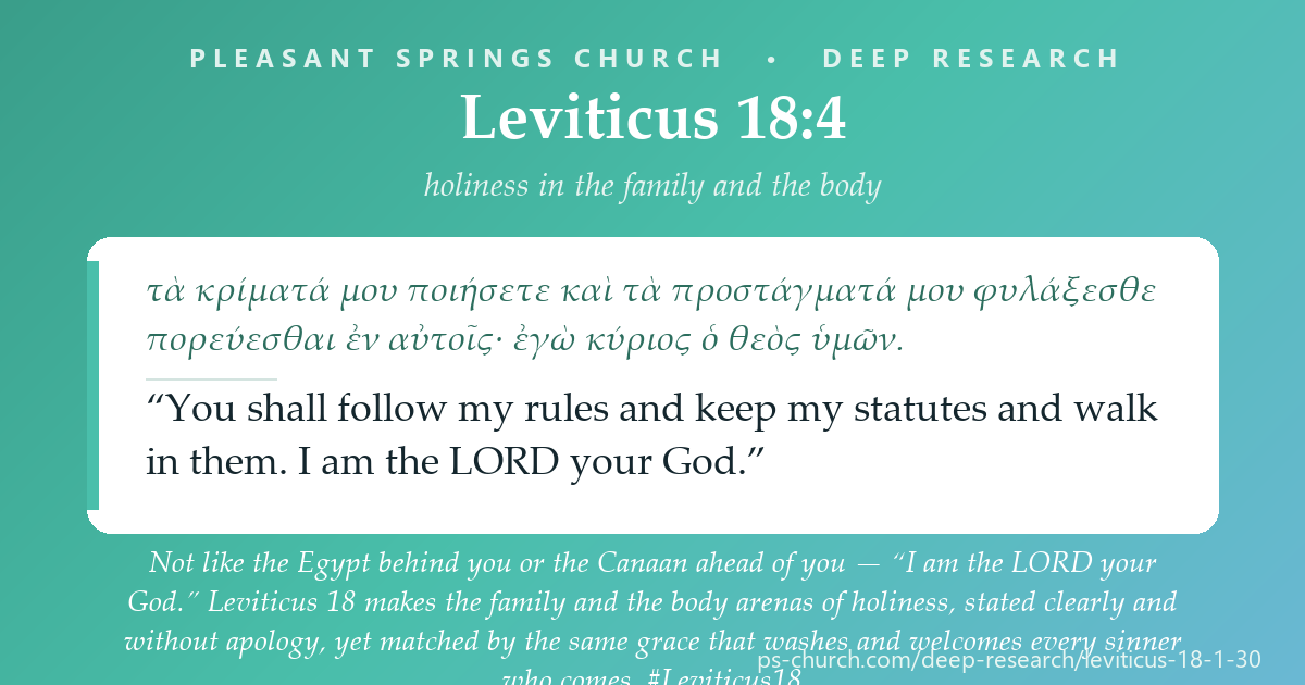 Share card &mdash; Not like Egypt behind you or Canaan ahead of you — “I am the LORD your God.” Holiness reaches the body and the family; and the God who calls us to it also washes and welcomes every sinner who comes. #Leviticus18