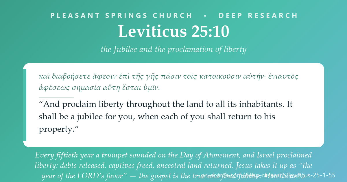 Share card &mdash; “Proclaim liberty throughout the land to all its inhabitants.” Debts released, land returned, captives freed — the Jubilee Jesus takes up as “the year of the LORD’s favor.” The gospel is the true and final Jubilee. #Leviticus25