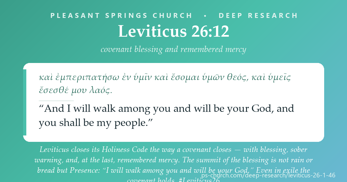 Share card &mdash; “I will walk among you and will be your God, and you shall be my people” (Lev 26:12). The summit of the covenant blessing is not rain or bread but Presence — God with us, from Eden to the new creation. #Leviticus26