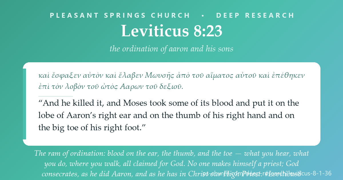 Share card &mdash; Blood on the ear, the thumb, and the toe: what you hear, what you do, where you walk — the whole person claimed for God. No one makes himself a priest; God consecrates. And Christ, our High Priest, makes his people a royal priesthood. #Leviticus8