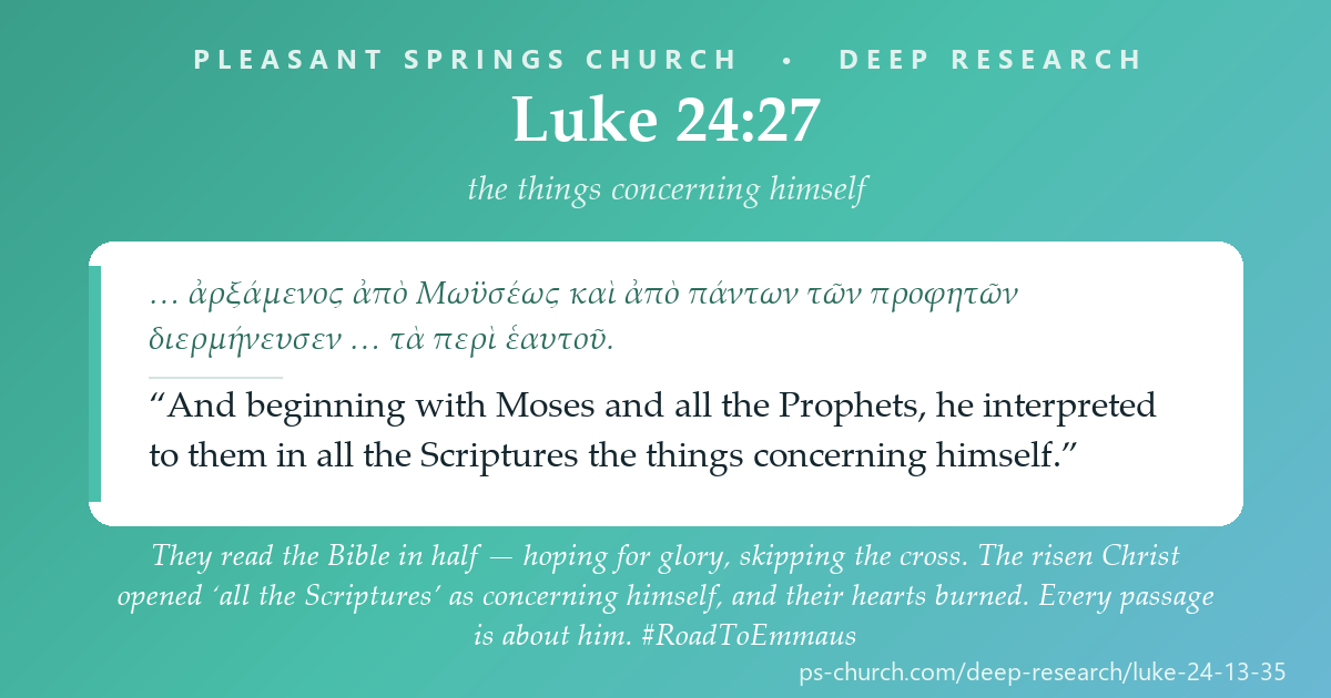 Share card &mdash; They read the Bible in half — hoping for glory, skipping the cross. The risen Christ opened ‘all the Scriptures’ as concerning himself, and their hearts burned. Every passage is about him. #RoadToEmmaus