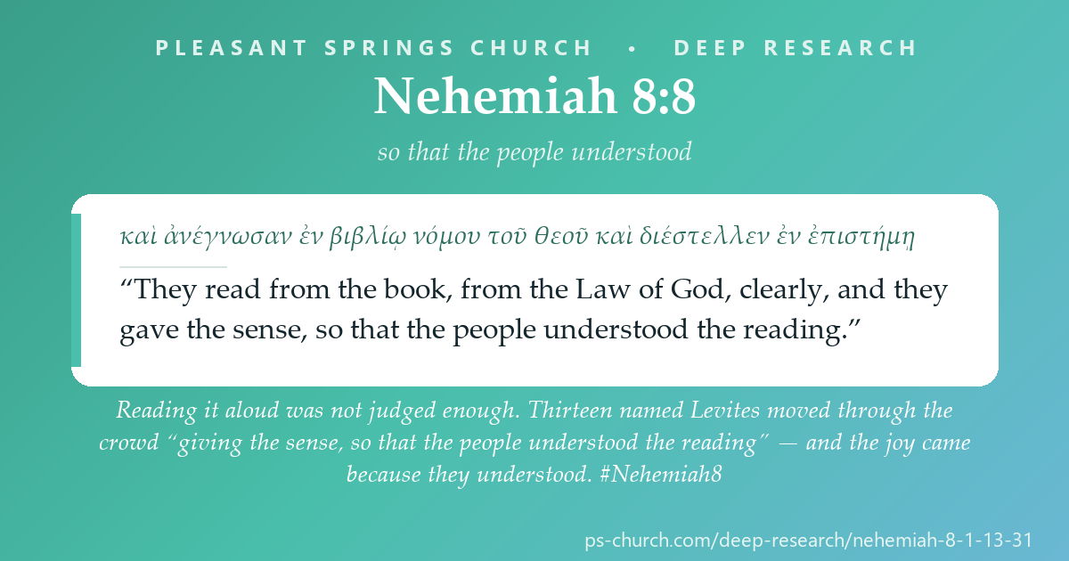 Share card &mdash; Reading it aloud was not judged enough. Thirteen Levites moved through the crowd “giving the sense, so that the people understood the reading” — and the joy came because they understood. #Nehemiah8