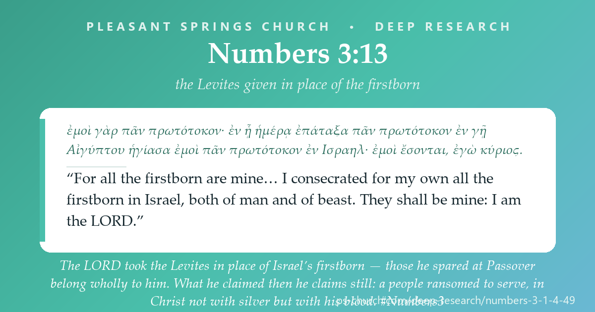 Share card &mdash; “The Levites shall be mine” — the LORD took the tribe of Levi in place of Israel’s firstborn, whom he spared at Passover. The redeemed belong wholly to God; in Christ we are ransomed, not with silver but with his blood. #Numbers3