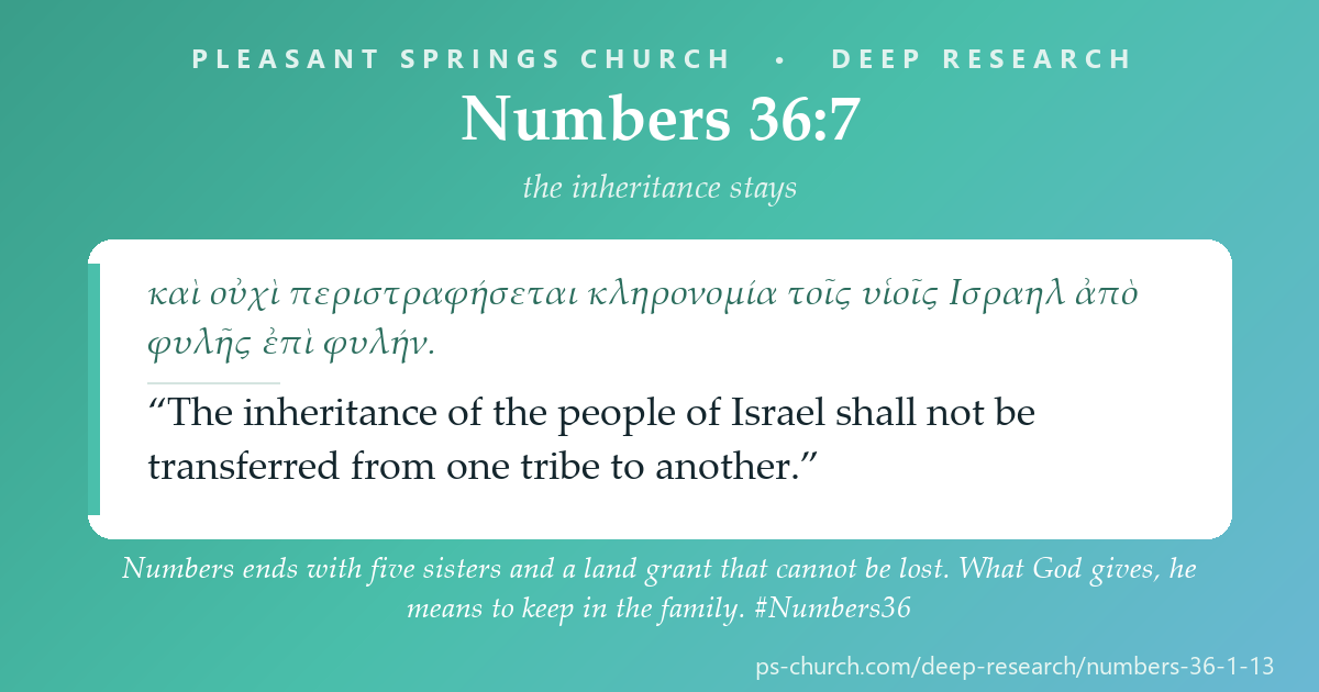 Share card &mdash; The last chapter of Numbers protects what the first ruling gave. Five women keep their inheritance, the tribe keeps its land — and the choosing is still theirs: “whom they think best.” #Numbers36