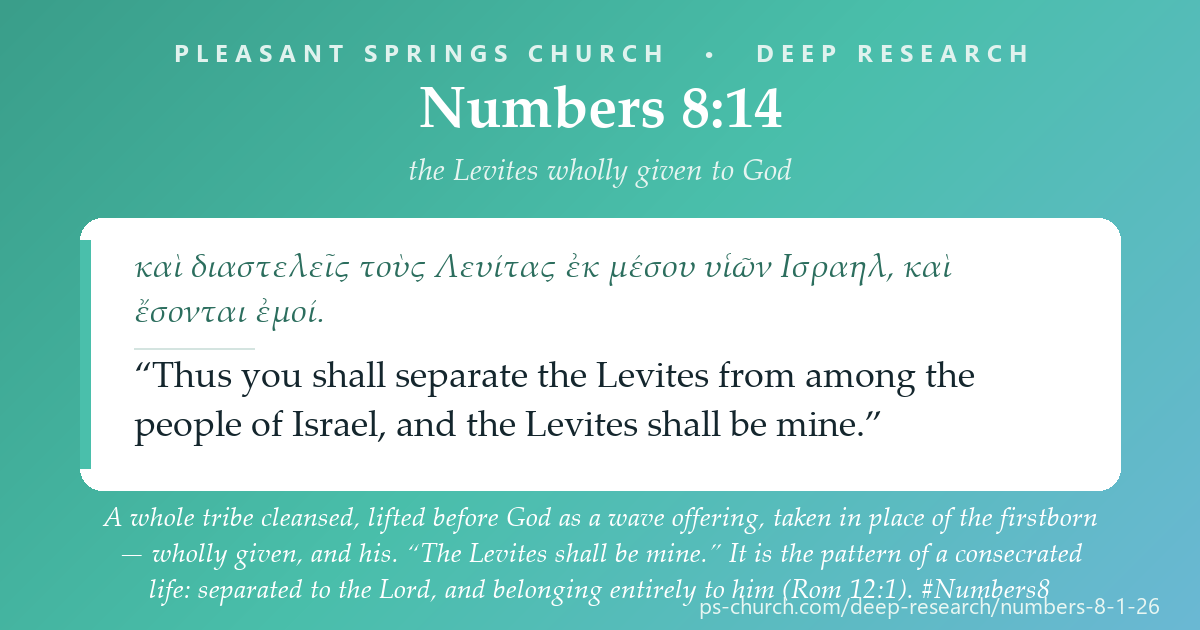 Share card &mdash; A whole tribe cleansed, lifted before God as a wave offering, taken in place of the firstborn — wholly given, and his. “The Levites shall be mine.” The pattern of a consecrated life (Rom 12:1). #Numbers8