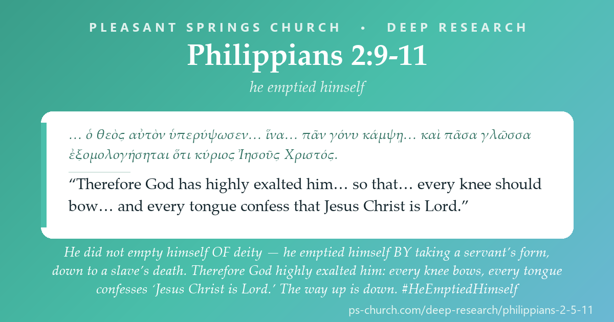 Share card &mdash; He did not empty himself OF deity — he emptied himself BY taking a servant’s form, down to a slave’s death. Therefore God highly exalted him: every knee bows, every tongue confesses ‘Jesus Christ is Lord.’ The way up is down. #HeEmptiedHimself