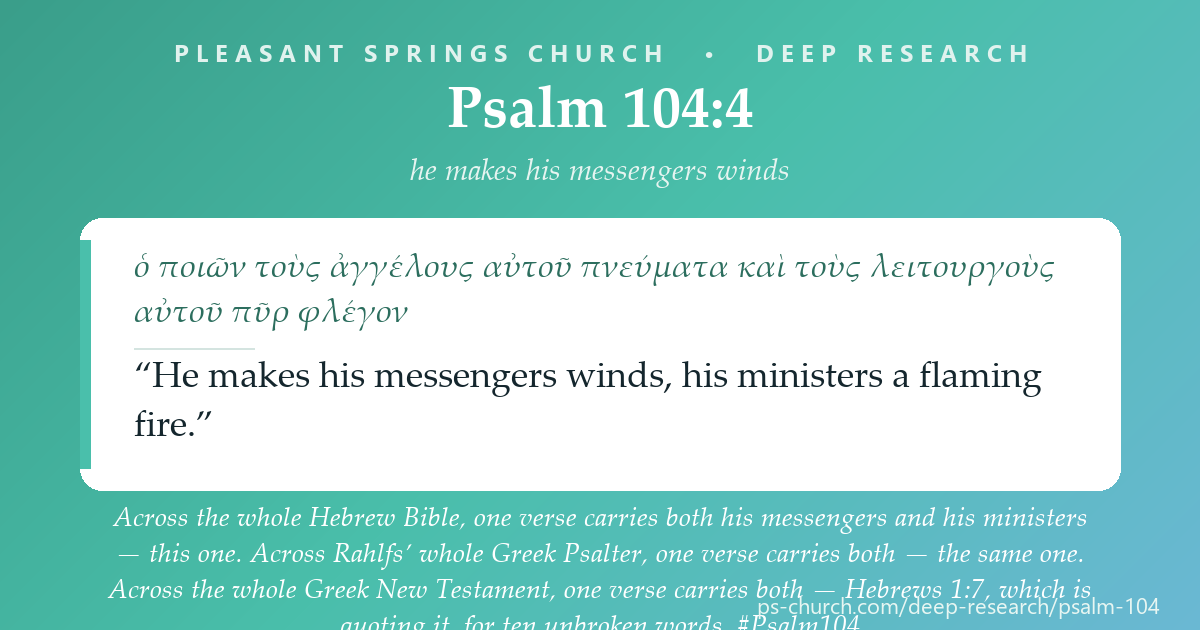 Share card &mdash; One verse in the Hebrew Bible carries both his messengers and his ministers: Psalm 104:4. One verse in the Greek Psalter carries both: the same one. One verse in the Greek New Testament carries both: Hebrews 1:7, quoting it. #Psalm104