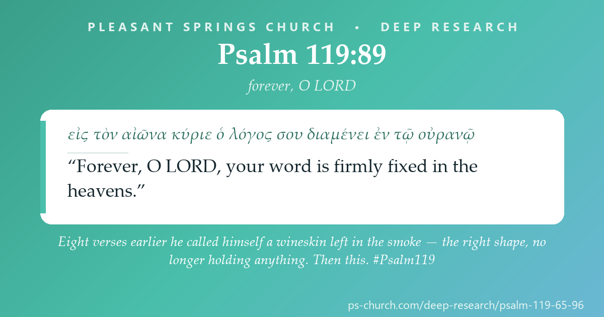 Share card &mdash; Eight verses earlier he called himself a wineskin left in the smoke — the right shape, no longer holding anything. Then this. The man who is falling apart is talking about something that does not. #Psalm119