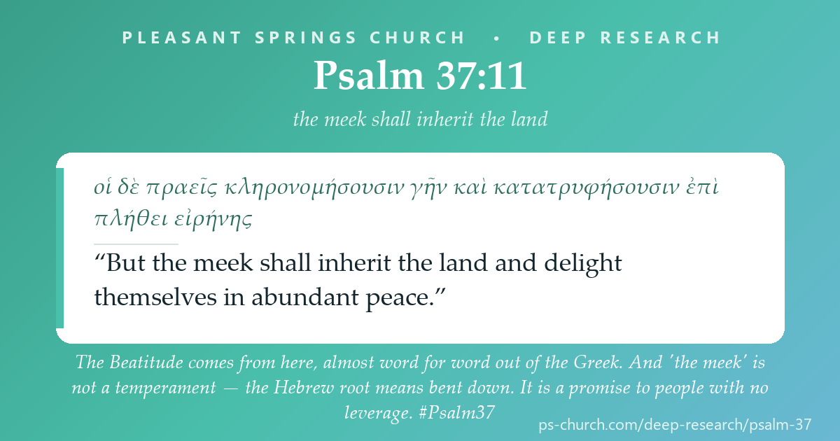 Share card &mdash; The Beatitude comes from here, almost word for word out of the Greek. And 'the meek' is not a temperament — the Hebrew root means bent down. It is a promise to people with no leverage. #Psalm37