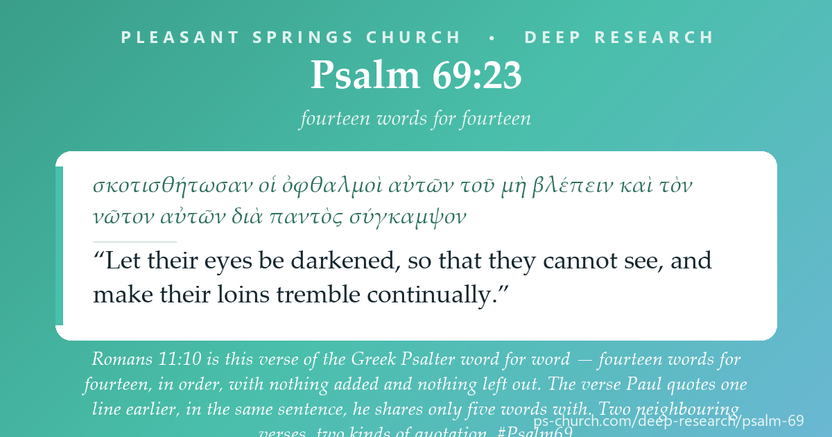 Share card &mdash; Romans 11:9-10 quotes two consecutive verses of Psalm 69 in one sentence. With the first, Paul shares five words out of sixteen. With the second he shares all fourteen, in order, with nothing added. #Psalm69