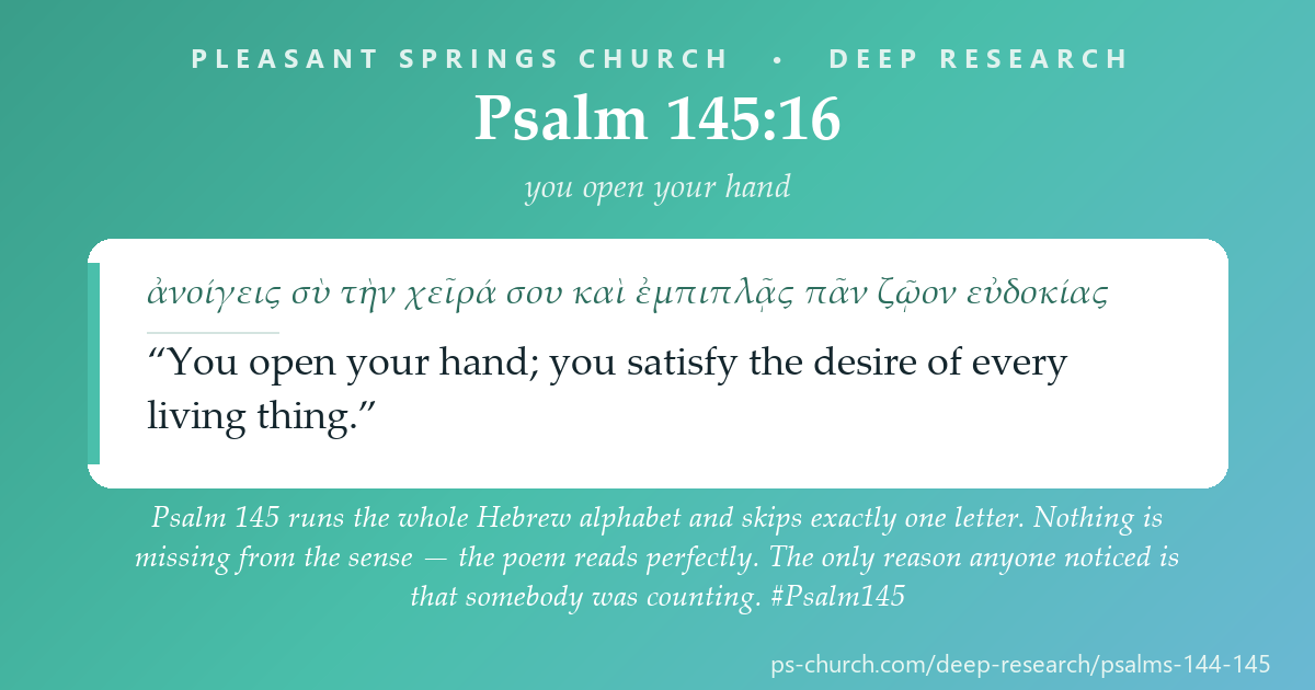 Share card &mdash; Psalm 145 runs the whole Hebrew alphabet and skips exactly one letter. Nothing is missing from the sense — the poem reads perfectly. The only reason anyone noticed is that somebody was counting. #Psalm145