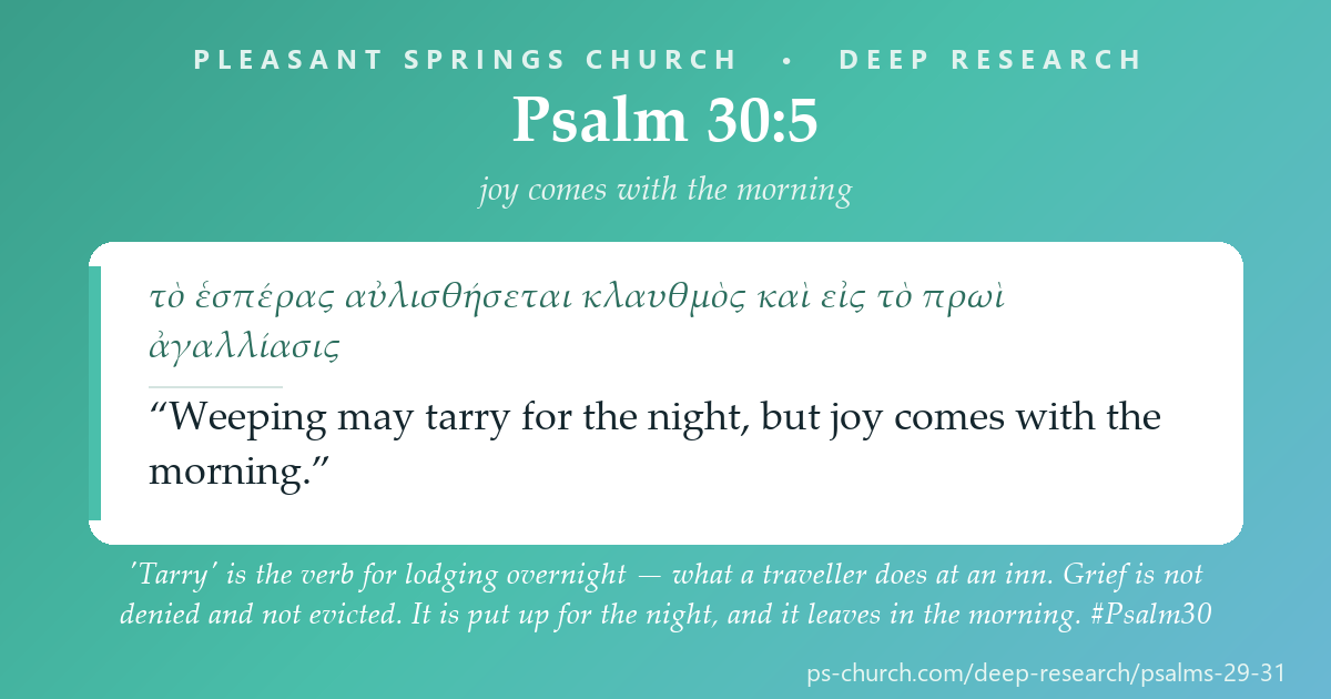 Share card &mdash; 'Tarry' is the verb for lodging overnight — what a traveller does at an inn. Grief is not denied and not evicted. It is put up for the night, and it leaves in the morning. #Psalm30