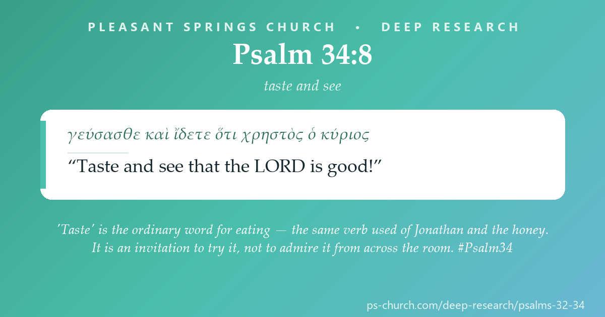 Share card &mdash; 'Taste' is the ordinary word for eating — the same verb used of Jonathan and the honey. It is an invitation to try it, not to admire it from across the room. #Psalm34