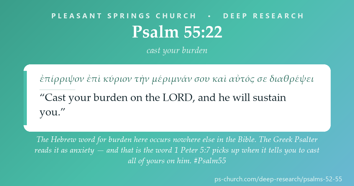 Share card &mdash; The Hebrew word for burden in Psalm 55:22 occurs nowhere else in the Bible. The Greek Psalter reads it as anxiety — and that is the word 1 Peter 5:7 picks up when it tells you to cast all of yours on him. #Psalm55