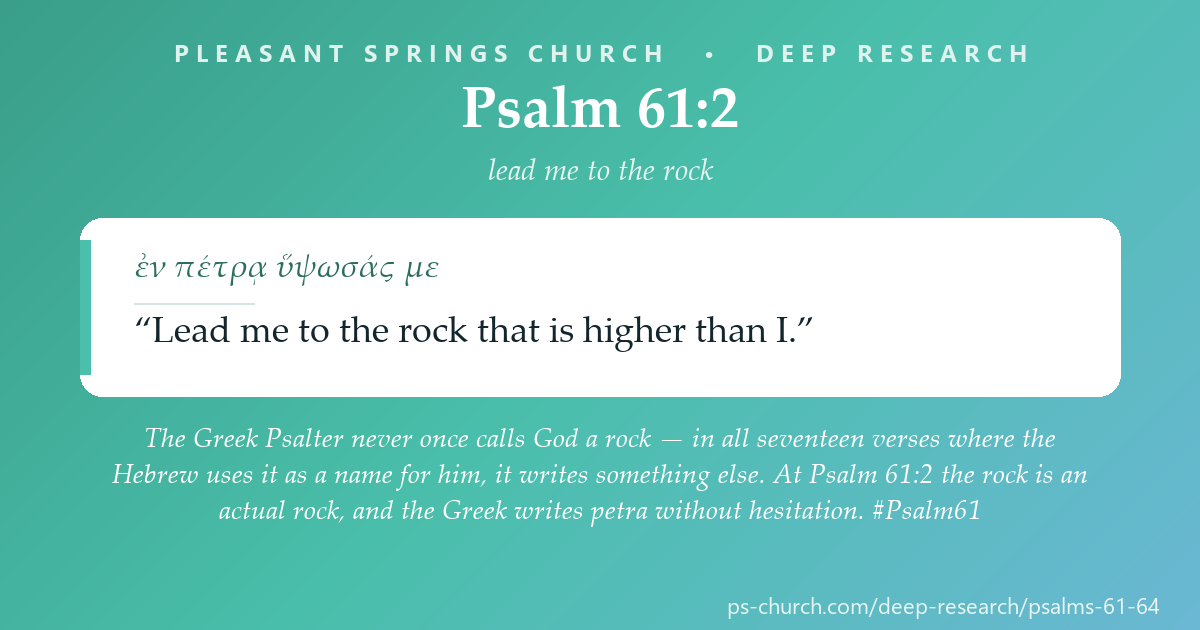 Share card &mdash; The Greek Psalter never once calls God a rock — in all seventeen verses where the Hebrew uses it as a name for him, it writes something else. At Psalm 61:2 the rock is an actual rock, and the Greek writes petra without hesitation. #Psalm61