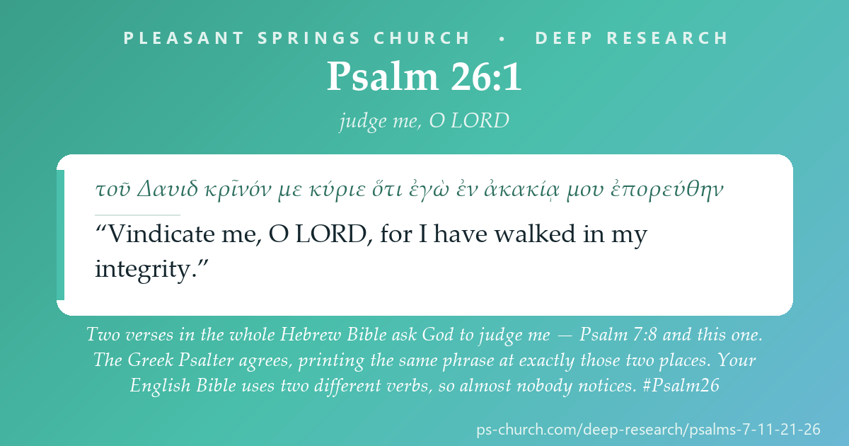 Share card &mdash; Two verses in the whole Hebrew Bible ask God to 'judge me' — Psalm 7:8 and Psalm 26:1. Your English Bible prints them with two different verbs, so almost nobody notices. #Psalm26
