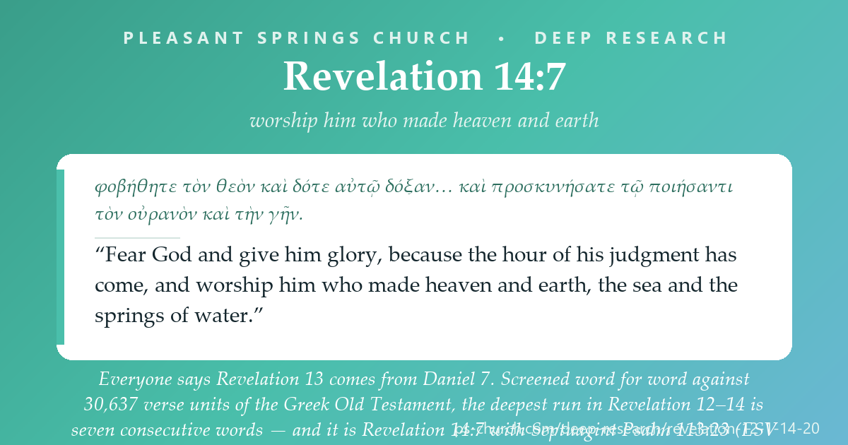 Share card &mdash; Everyone says Revelation 13 comes from Daniel 7. Measured word for word against 30,637 verse units of the Greek Old Testament, the deepest run in Revelation 12-14 is seven words in a doxology - Revelation 14:7 with Septuagint Psalm 113:23 (ESV Psalm 115:15). Daniel 7 reaches five. #Revelation