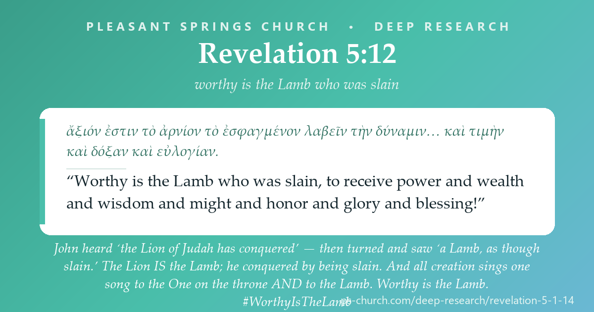 Share card &mdash; John heard ‘the Lion of Judah has conquered’ — then turned and saw ‘a Lamb, as though slain.’ The Lion IS the Lamb; he conquered by being slain. And all creation sings one song to the One on the throne AND to the Lamb. Worthy is the Lamb. #WorthyIsTheLamb