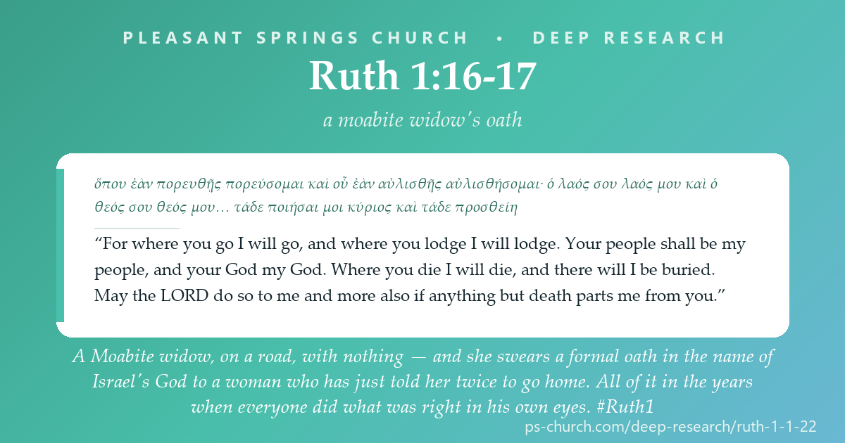Share card &mdash; A Moabite widow, on a road, with nothing — and she swears a formal oath in the name of Israel’s God to a woman who has just told her twice to go home. “Where you go I will go… your people shall be my people, and your God my God.” In the years when everyone did what was right in his own eyes. #Ruth1