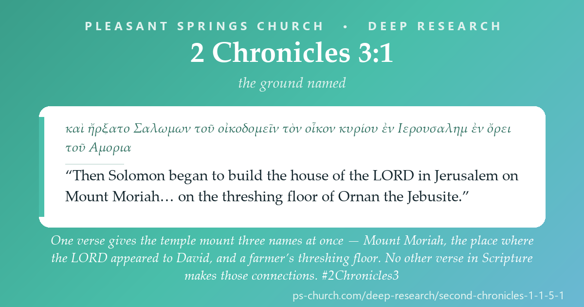 Share card &mdash; One verse gives the temple mount three names at once — Mount Moriah, the place where the LORD appeared to David, and a farmer’s threshing floor. No other verse in Scripture makes those connections. #2Chronicles3