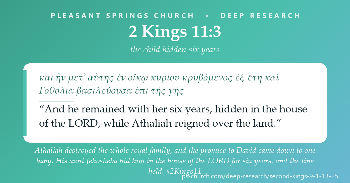 Share card &mdash; Athaliah destroyed the whole royal family, and the promise to David came down to one baby. His aunt hid him in the house of the LORD for six years, and the line held. “And he remained with her six years, hidden in the house of the LORD, while Athaliah reigned over the land.” #2Kings11