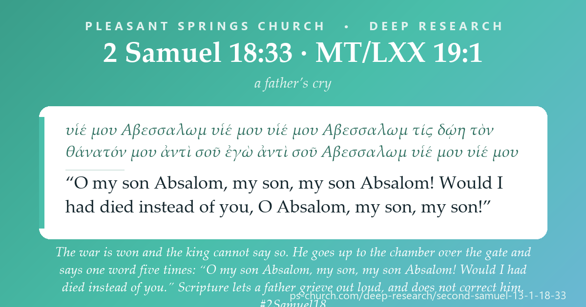Share card &mdash; The war is won and the king cannot say so. He goes up to the chamber over the gate and says one word five times: “O my son Absalom, my son, my son Absalom! Would I had died instead of you, O Absalom, my son, my son!” Scripture lets a father grieve out loud, and does not correct him. #2Samuel18