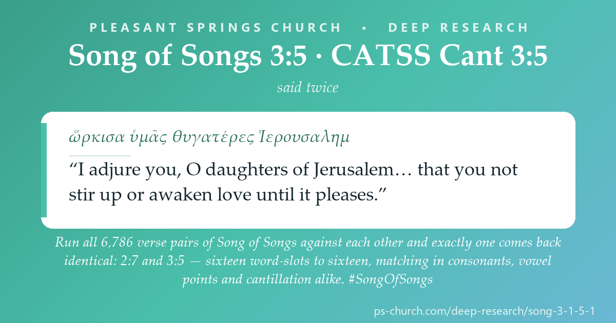 Share card &mdash; Run all 6,786 verse pairs of Song of Songs against each other and exactly one comes back identical: 2:7 and 3:5 — sixteen slots to sixteen, matching in consonants, vowel points and cantillation alike. #SongOfSongs