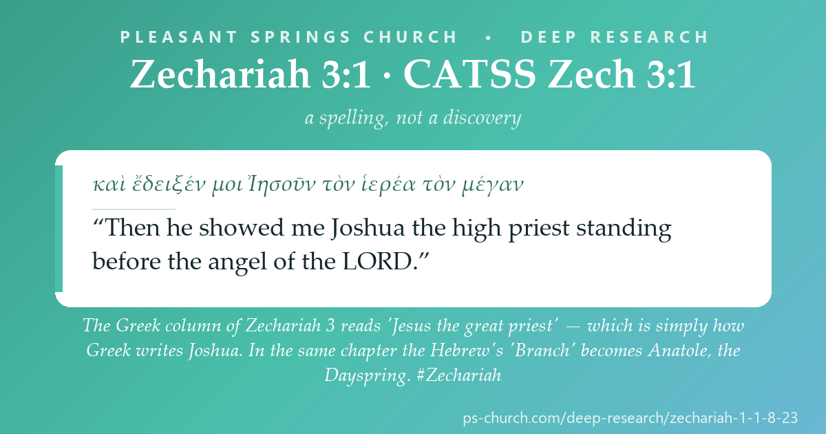 Share card &mdash; The Greek column of Zechariah 3 reads 'Jesus the great priest' — which is simply how Greek writes Joshua. And in the same chapter the Hebrew's 'Branch' becomes 'Anatole', the Dayspring. #Zechariah