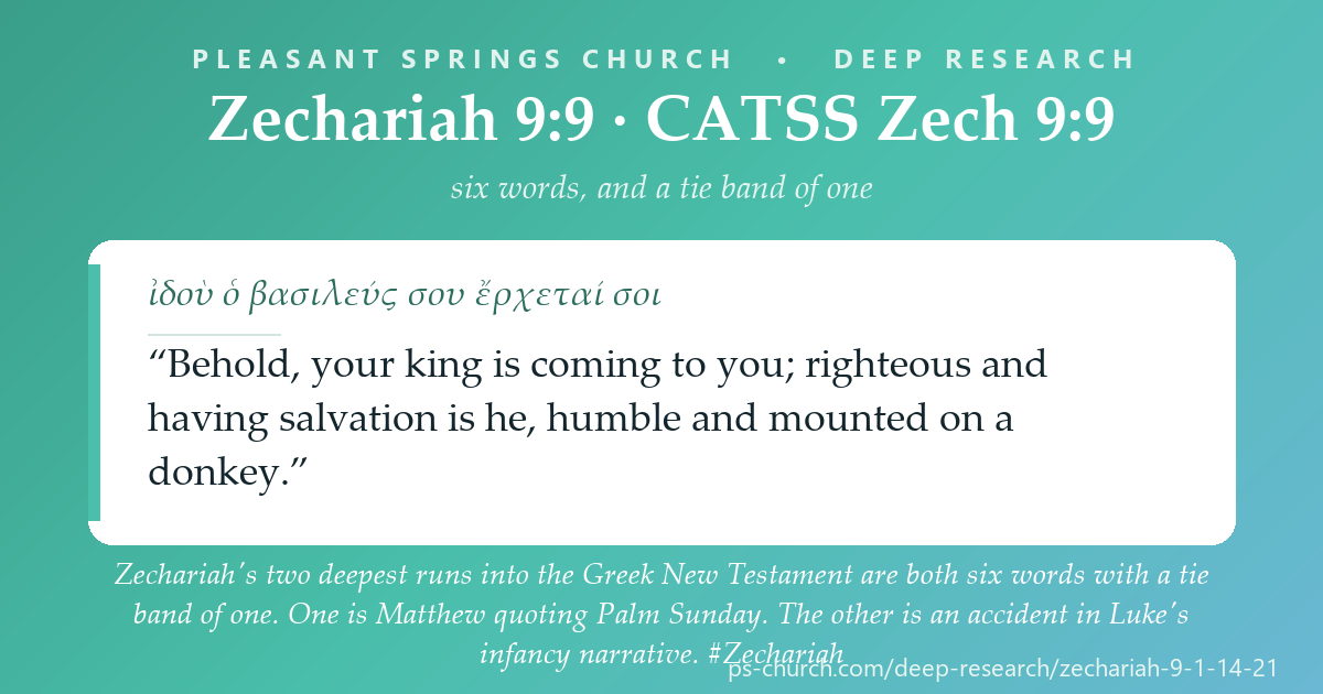 Share card &mdash; Zechariah's two deepest runs into the Greek New Testament are both six words with a tie band of one. One is Matthew quoting Palm Sunday. The other is an accident in Luke's infancy narrative. #Zechariah